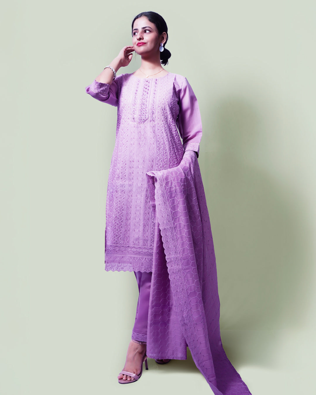 Nooré Threaded Lilac Grace, Chanderi Cotton, 3 piece suit