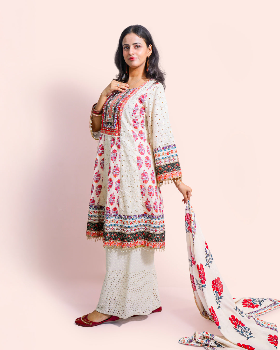 Floral Off-white, Cut work, 3-piece Suit Set