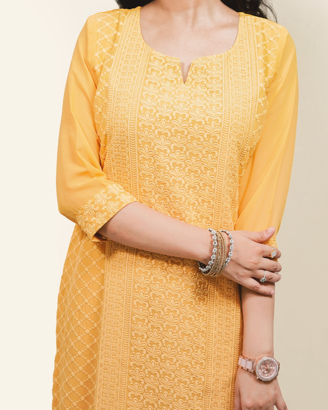 Ochre Grace – Embroidered Georgette 3-Piece Suit