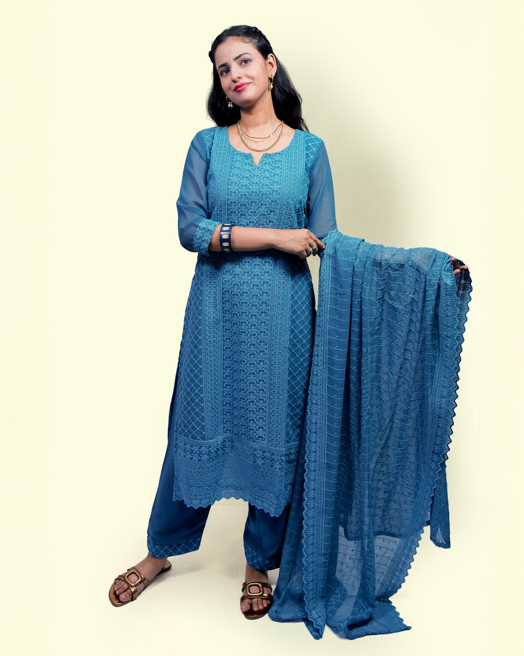 Azure Threaded Georgette Grace Suit, 3 Piece Suit