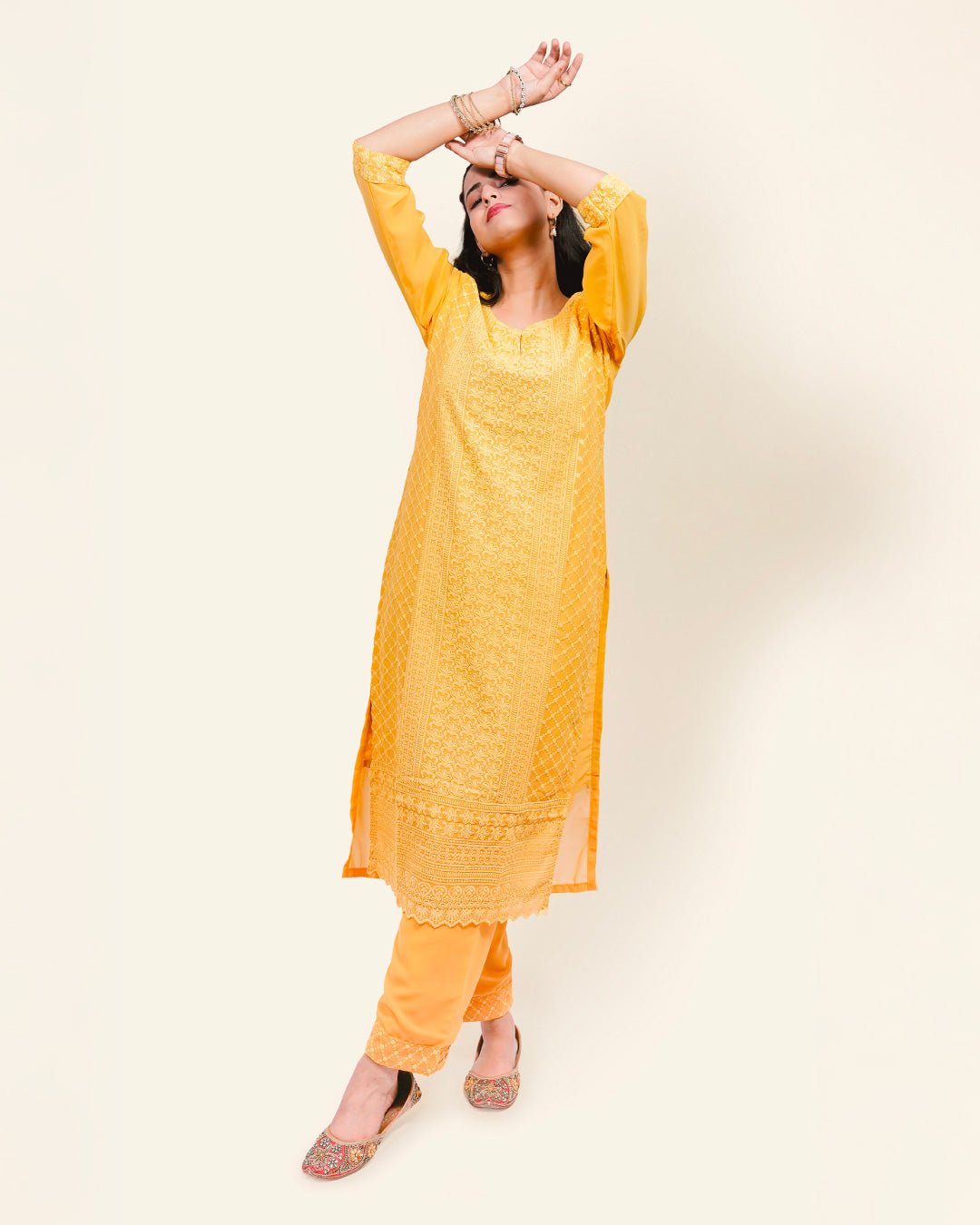 Ochre Grace – Embroidered Georgette 3-Piece Suit
