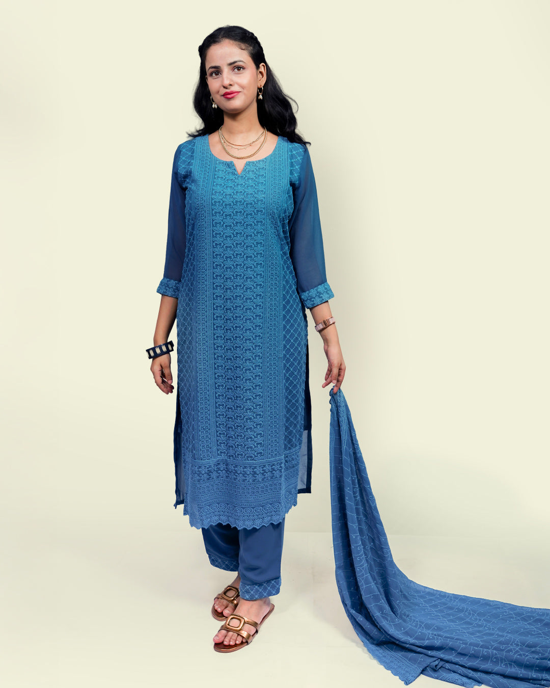 Azure Threaded Georgette Grace Suit, 3 Piece Suit