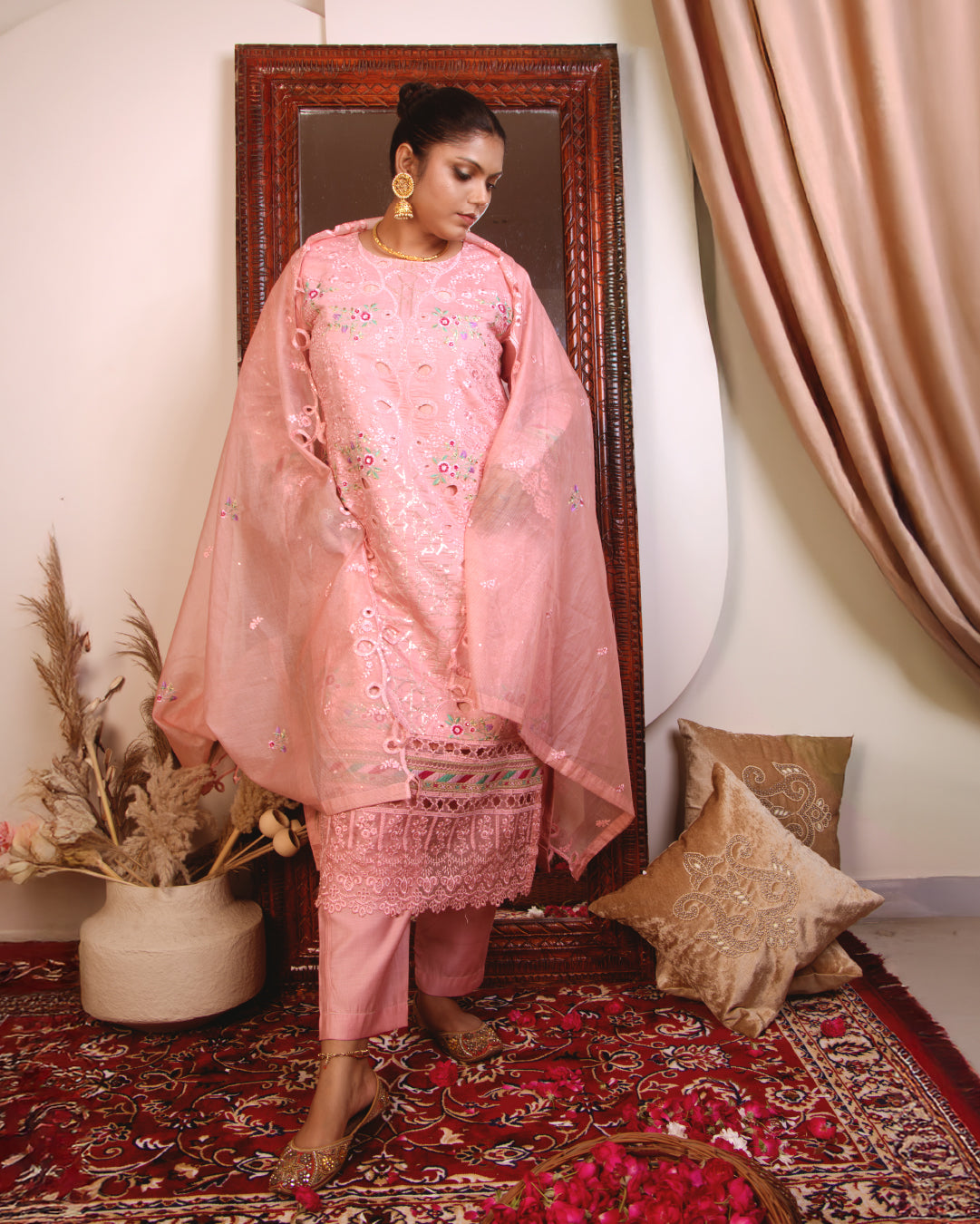Metallic Light Pink Embroidered 3-Piece Suit with Dupatta – Festive & Party Wear