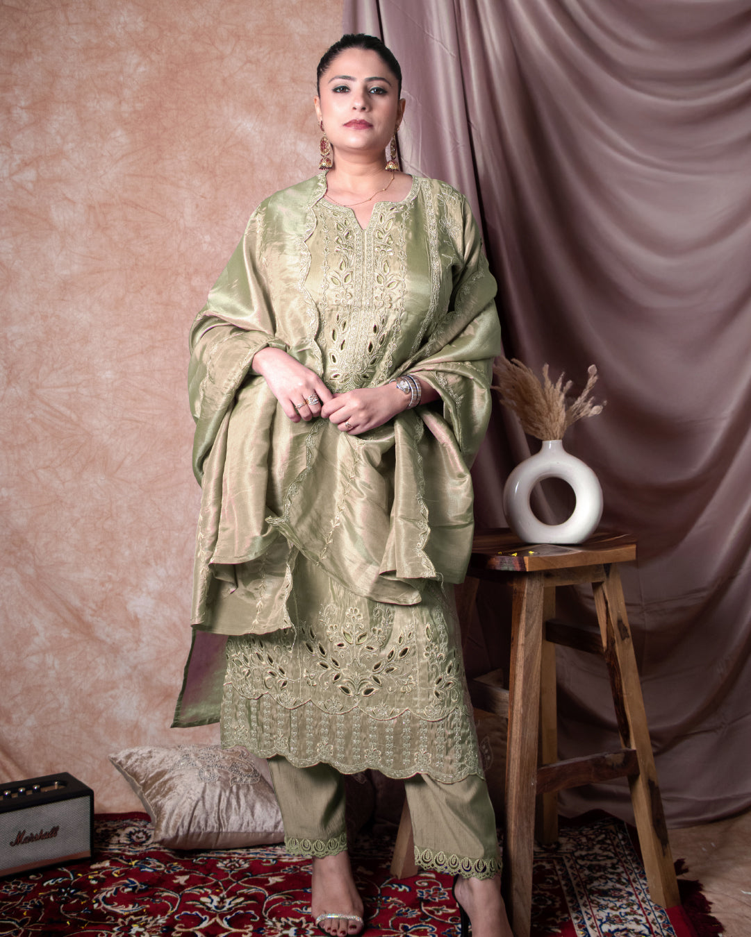 Sage Serenity – Pure Silk 3 Piece Embroidered Suit with Cutwork Detailing