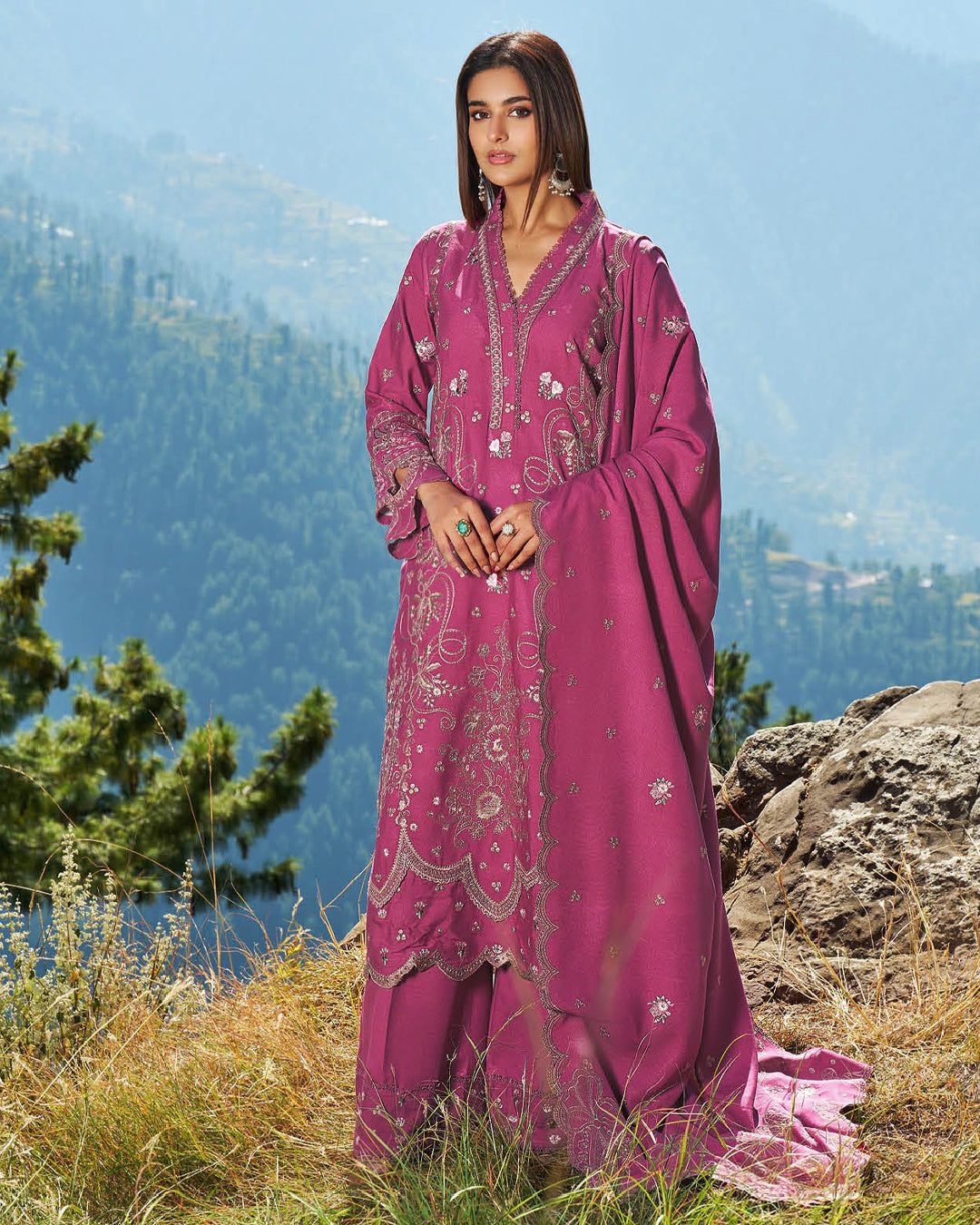 Blush Pink Embroidered Karandi 3-Piece Stitched Set – Winter Edit by Nooré