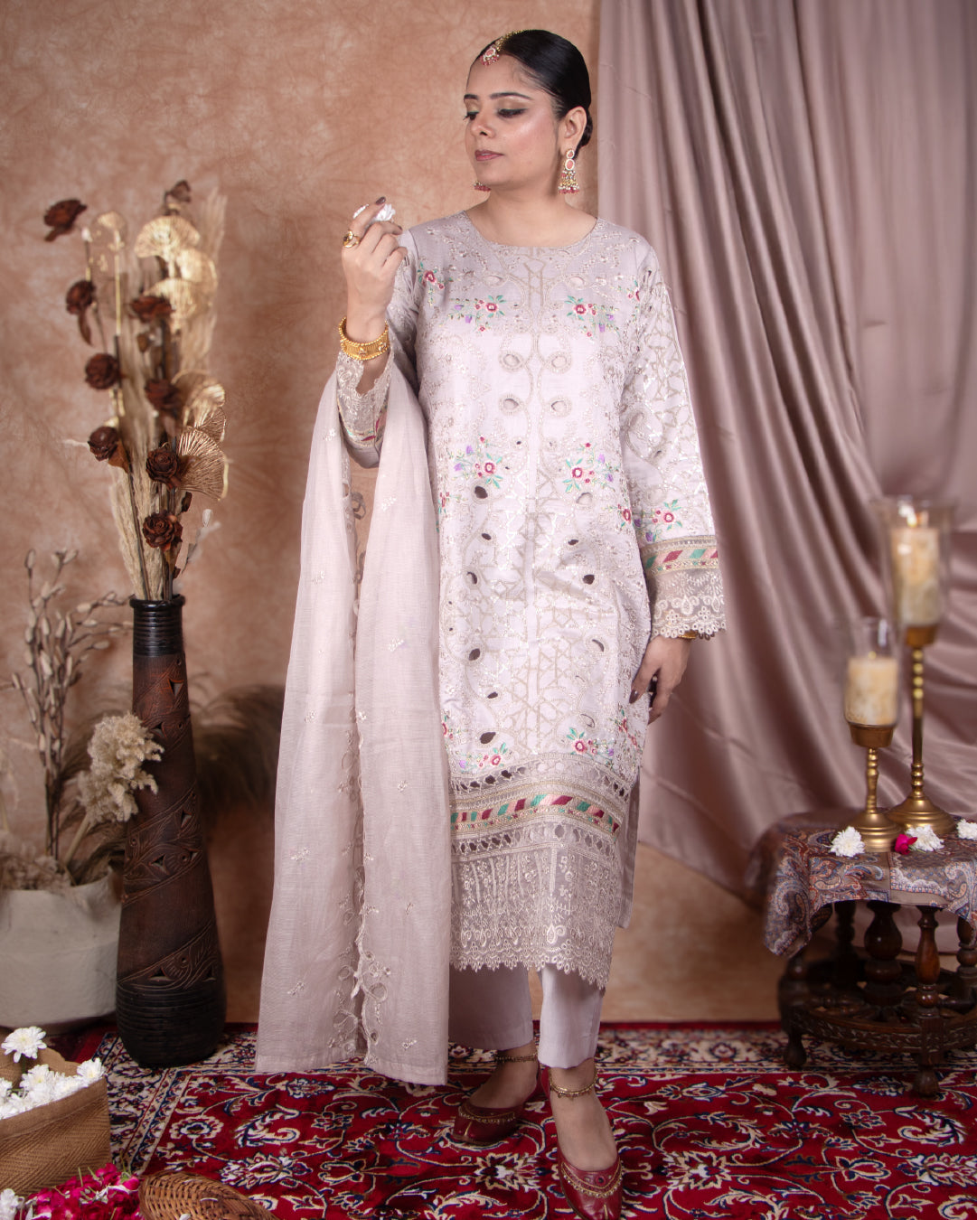 Embroidered & Cutwork Beige Mauve 3-Piece Suit with Dupatta