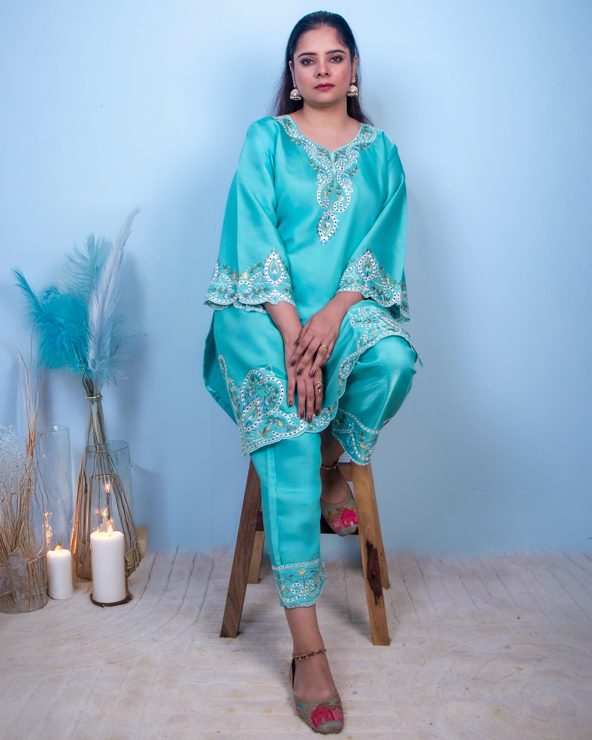 Aqua Blue Embroidered 2-Piece Premium Co-ord Set