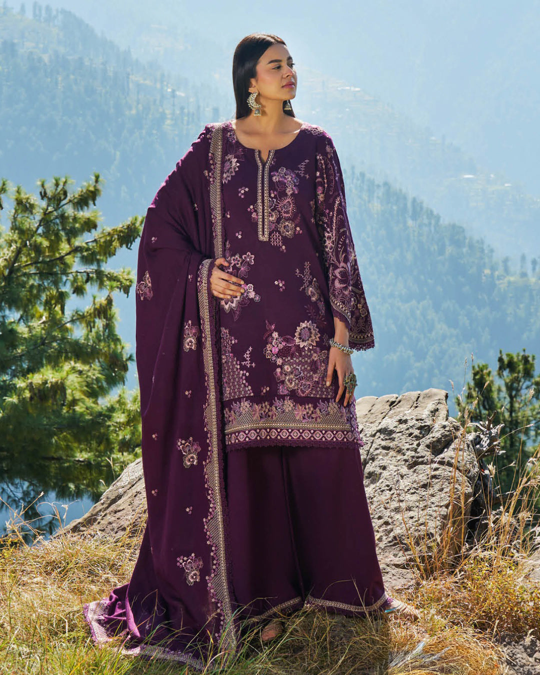 Deep Plum Karandi Embroidered 3-Piece Stitched Set