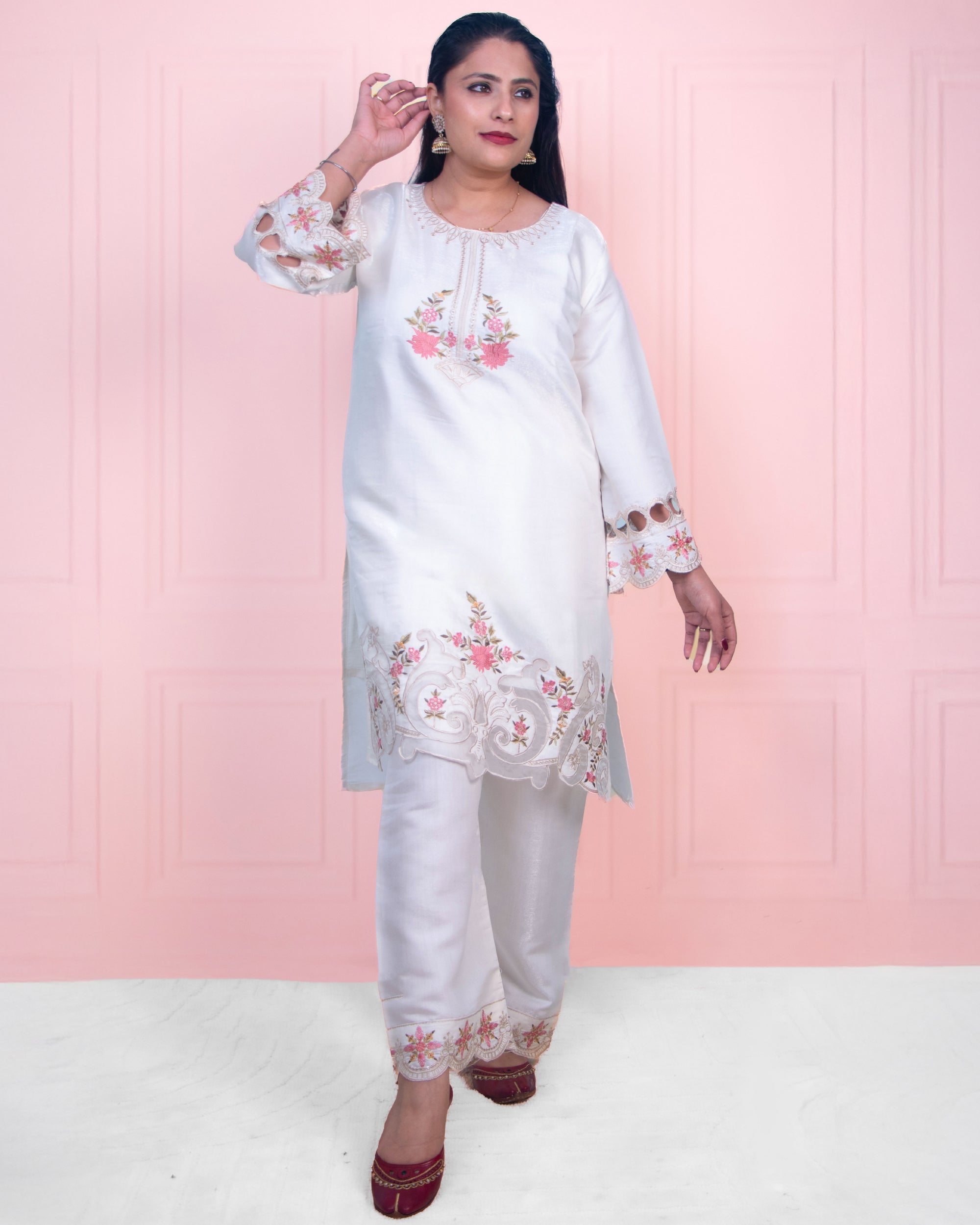 Classic White Pastel-Embroidered 2-Piece Premium Co-ord Set