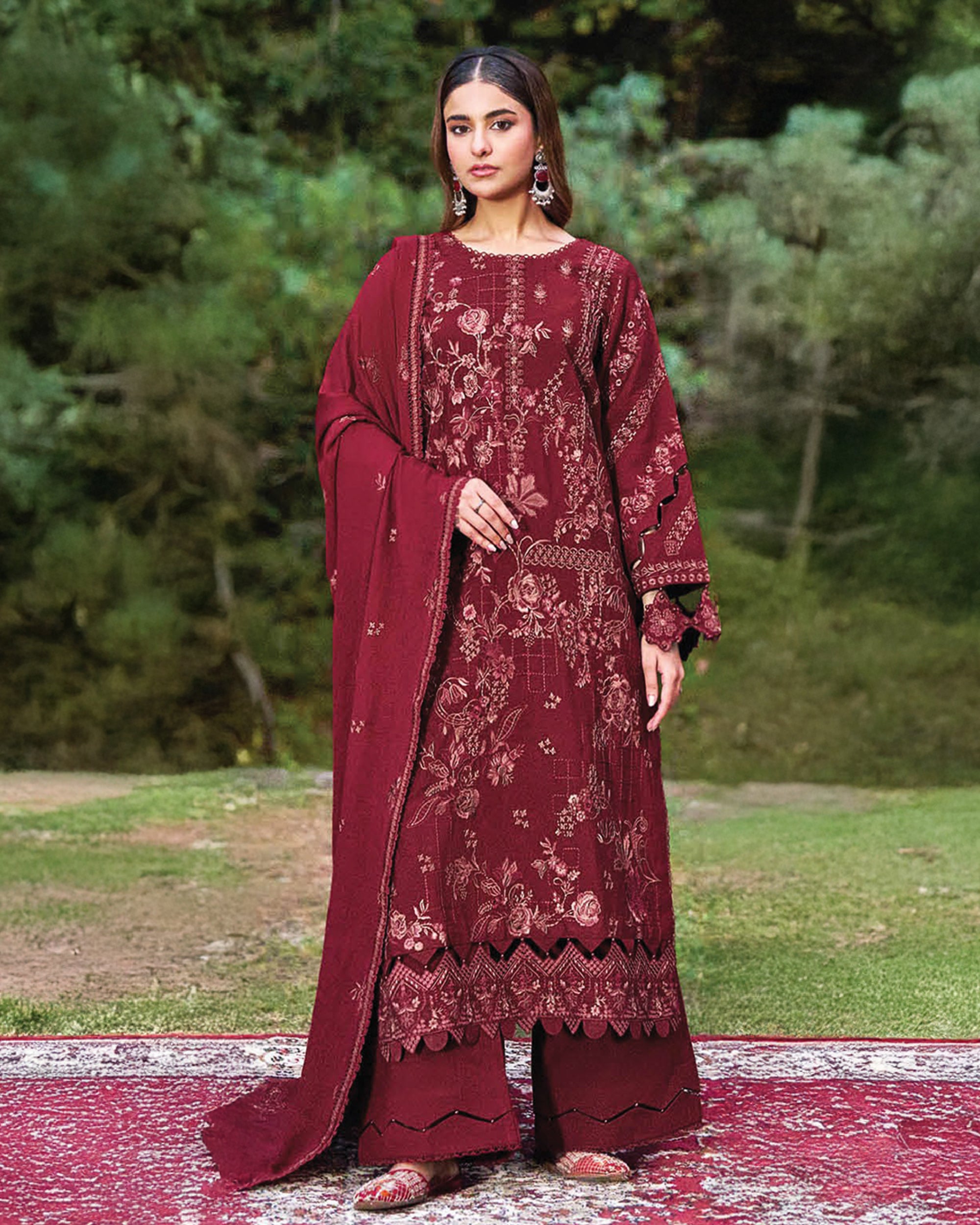 Maroon Embroidered Karandi 3-Piece Stitched Set-Winter Edit