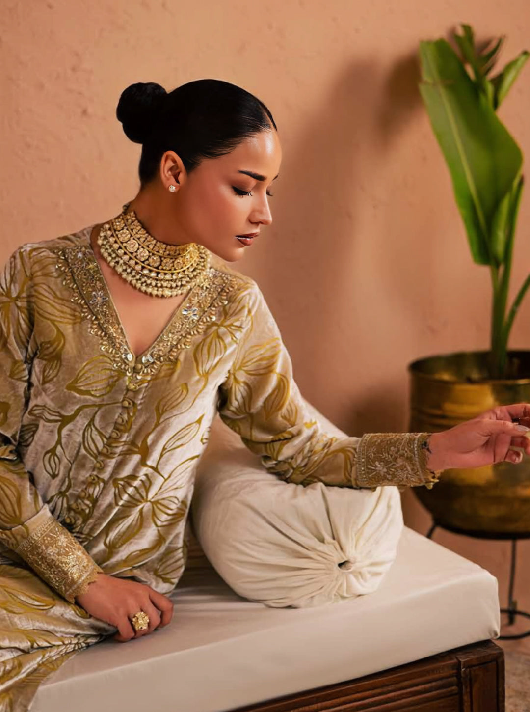 Mustard Gold Palachi Velvet 2-Piece Unstitched Suit Set