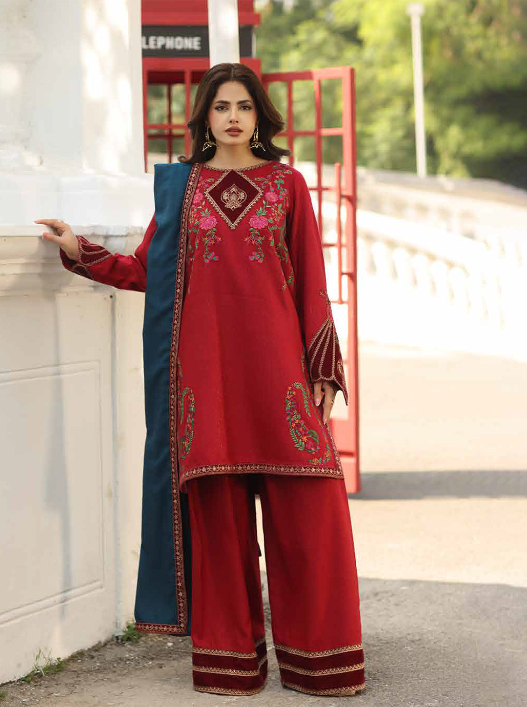 Rich Red Embroidered Peach Leather Velvet x Wool Shawl - 3Pc Stitched Set