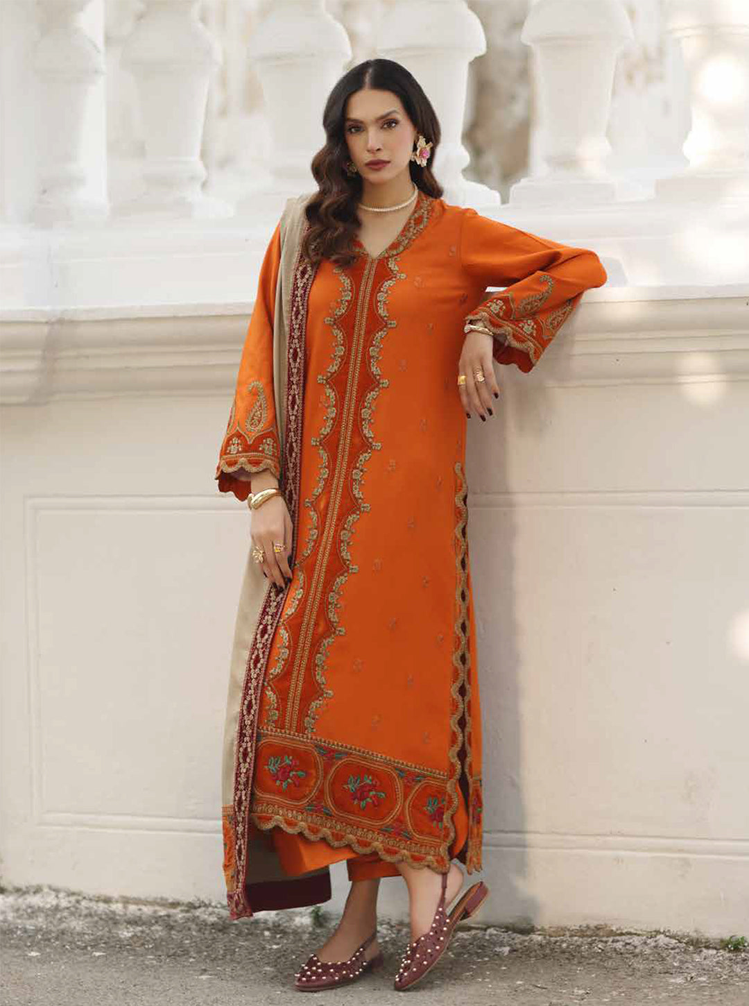 Burnt Orange Embroidered Peach leather x Velvet Set with Wool Shawl – 3 Piece Luxury Winter Edit