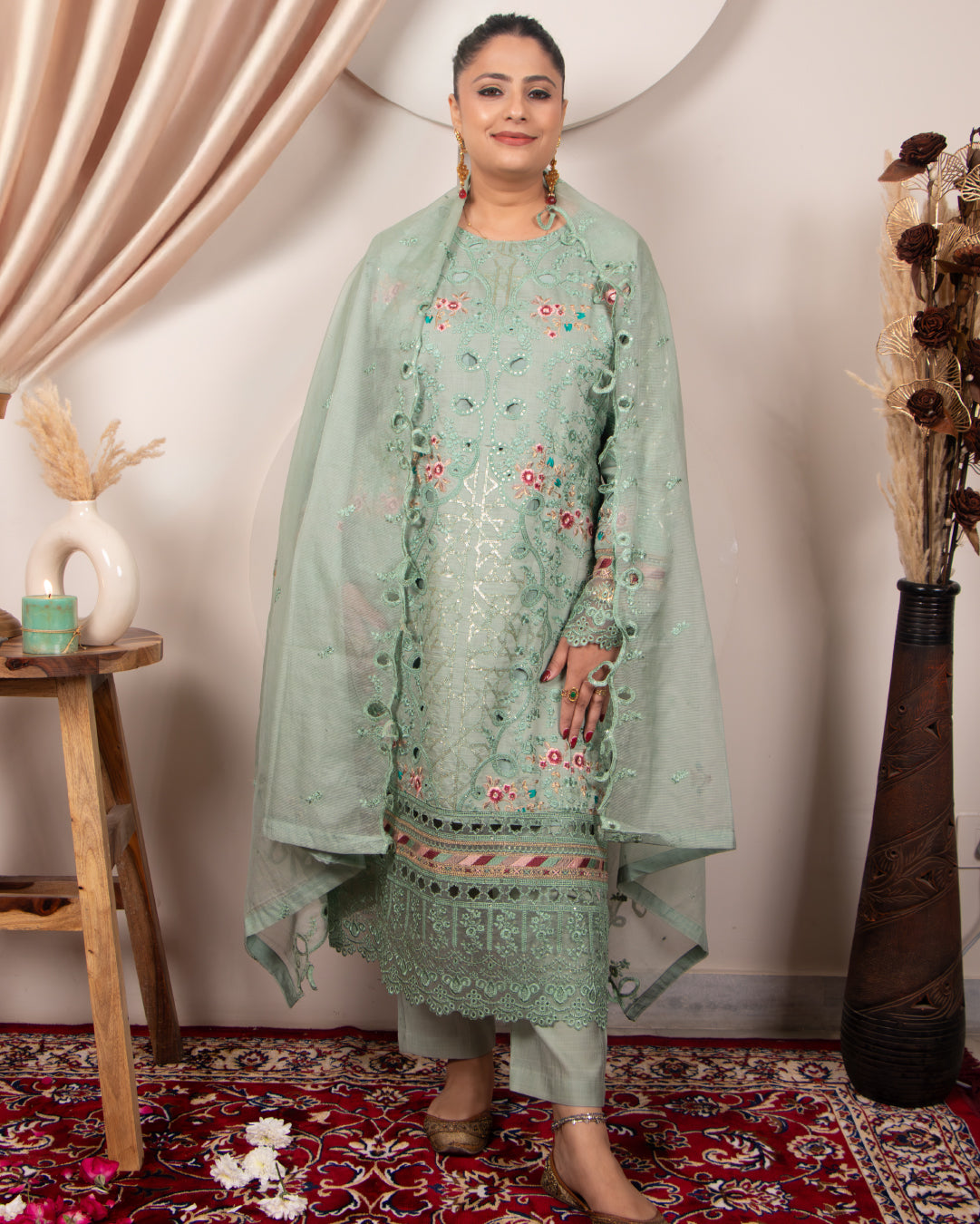Green Metallic Pastel, embroidery and cutwork- 3pc Silk Set