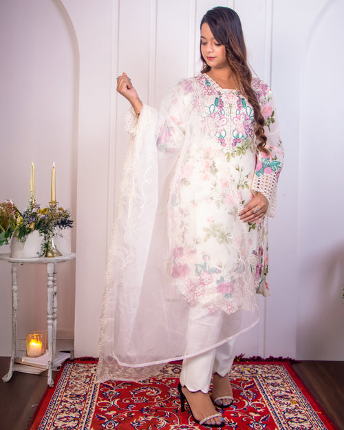 A White base with Floral pattern — Embroidered 3-Piece Suit