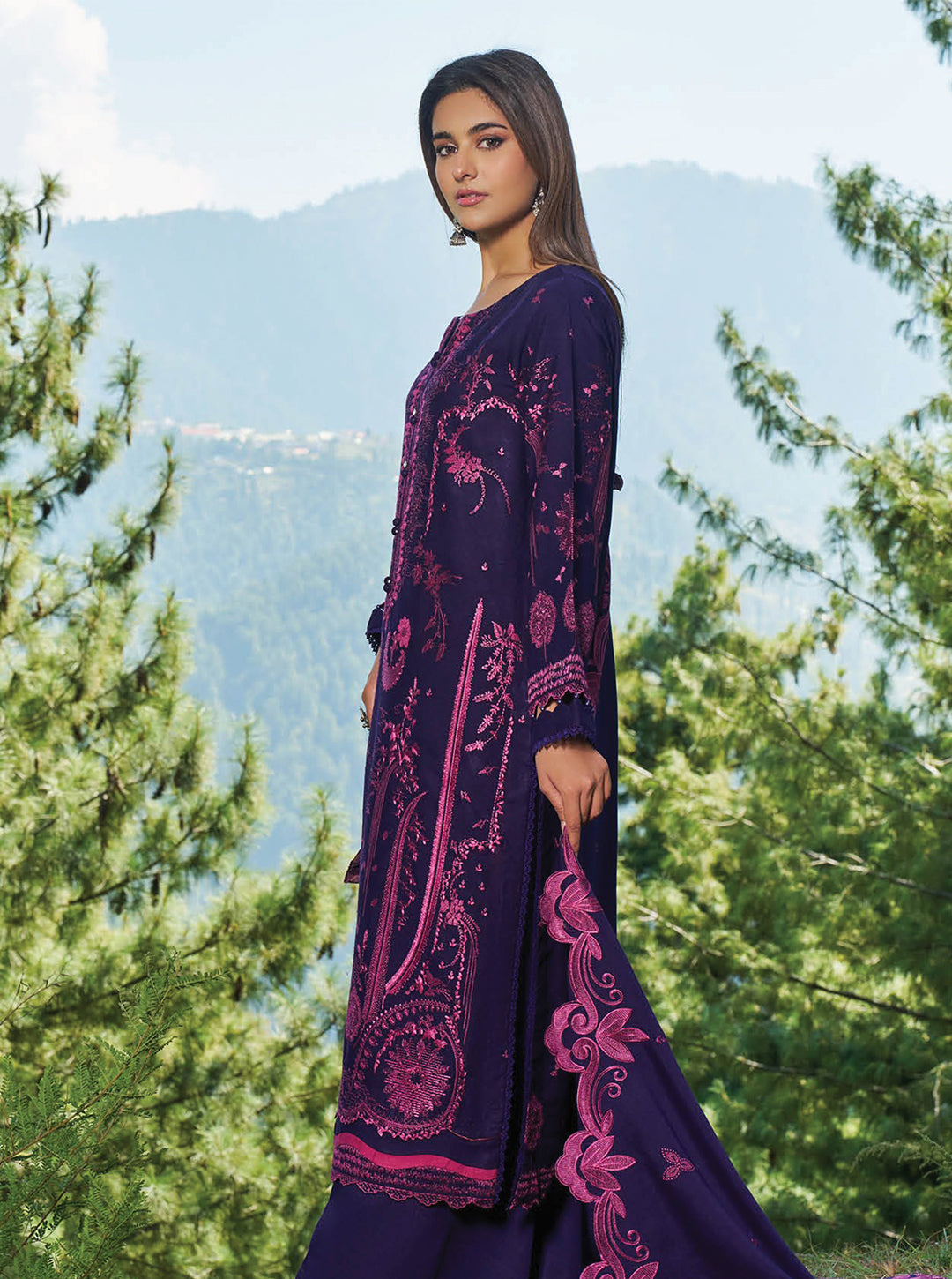 Ink Blue & Magenta Embroidered Karandi 3-Piece Unstitched Set – Winter Edit by Nooré