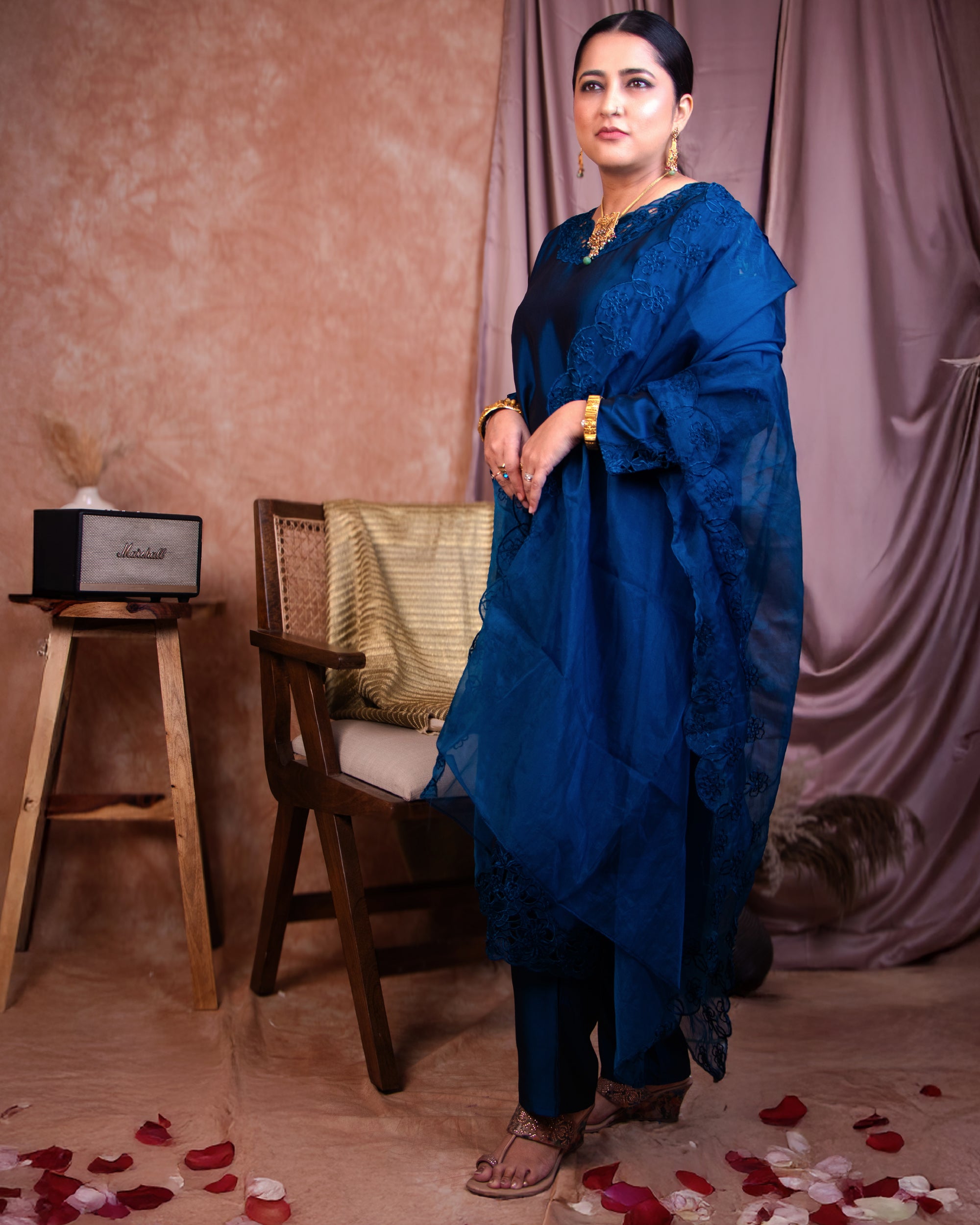 Deep Blue Silk Blend Suit with Elegant Cutwork – Tyohar Exclusive Collection