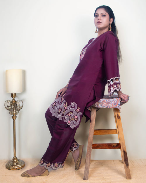 Aubergine Purple Embroidered 2-Piece Premium Co-ord Set