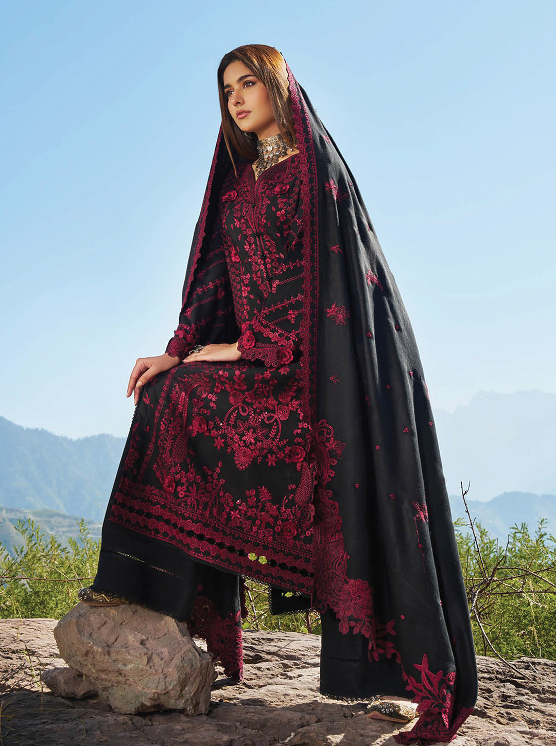 Black & Rich Red Embroidered Karandi 3-Piece Stitched Set — Winter Edit by Nooré