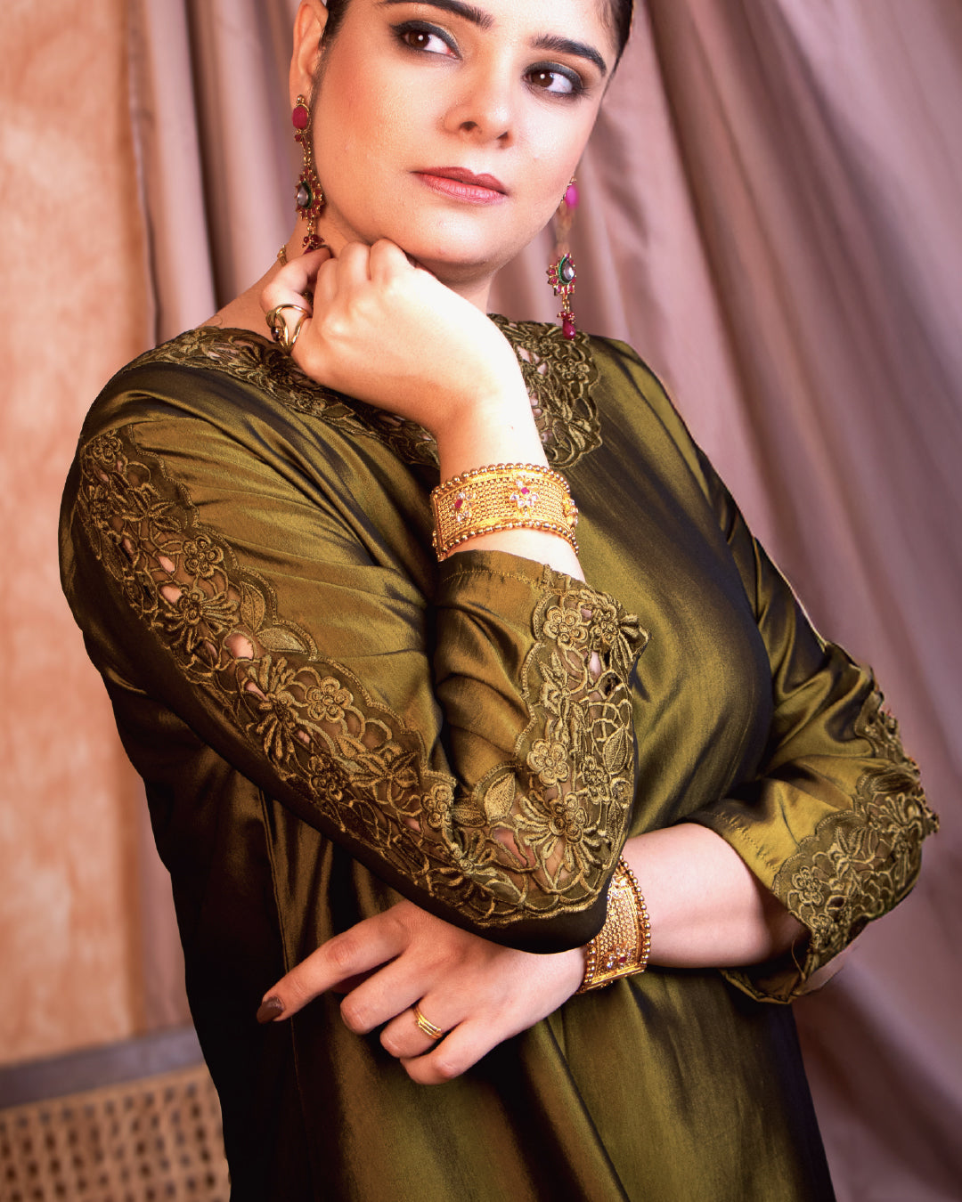 Fine Green Silk Blend Suit with Intricate Cutwork – Tyohar Exclusive Collection