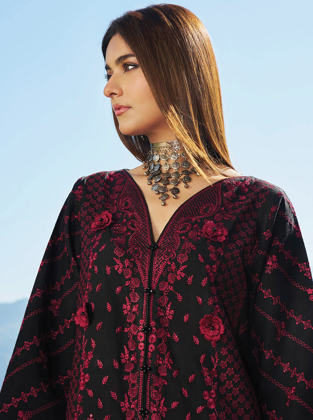 Black & Rich Red Embroidered Karandi 3-Piece Stitched Set — Winter Edit by Nooré