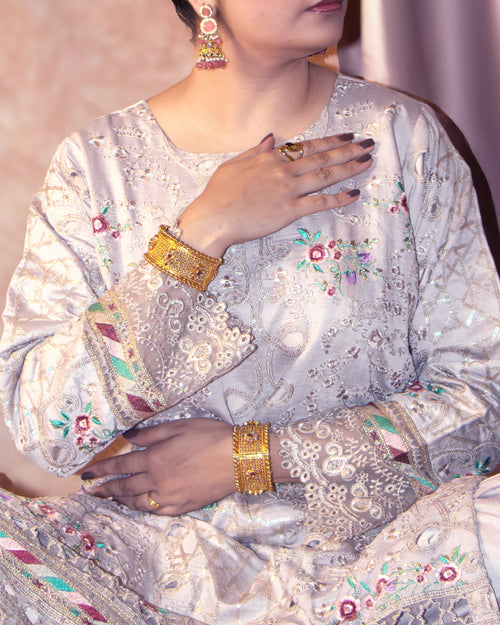 Beige Mauve Embroidered & Cutwork  3-Piece Suit with Dupatta