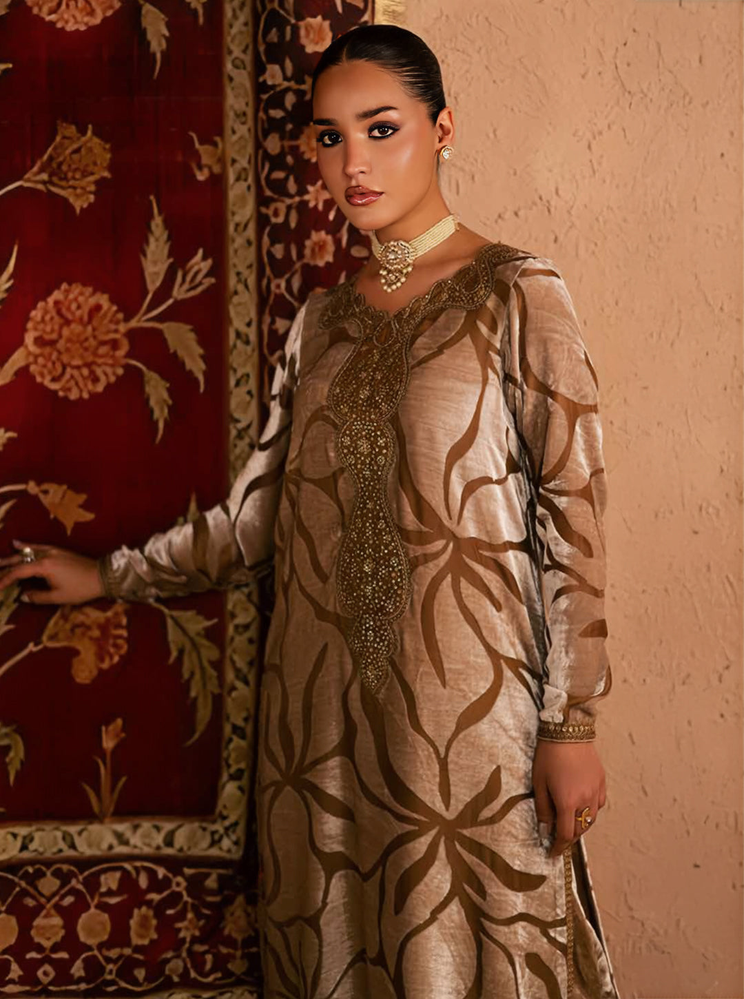 Golden Brown Palachi Velvet 2-Piece Unstitched Suit Set