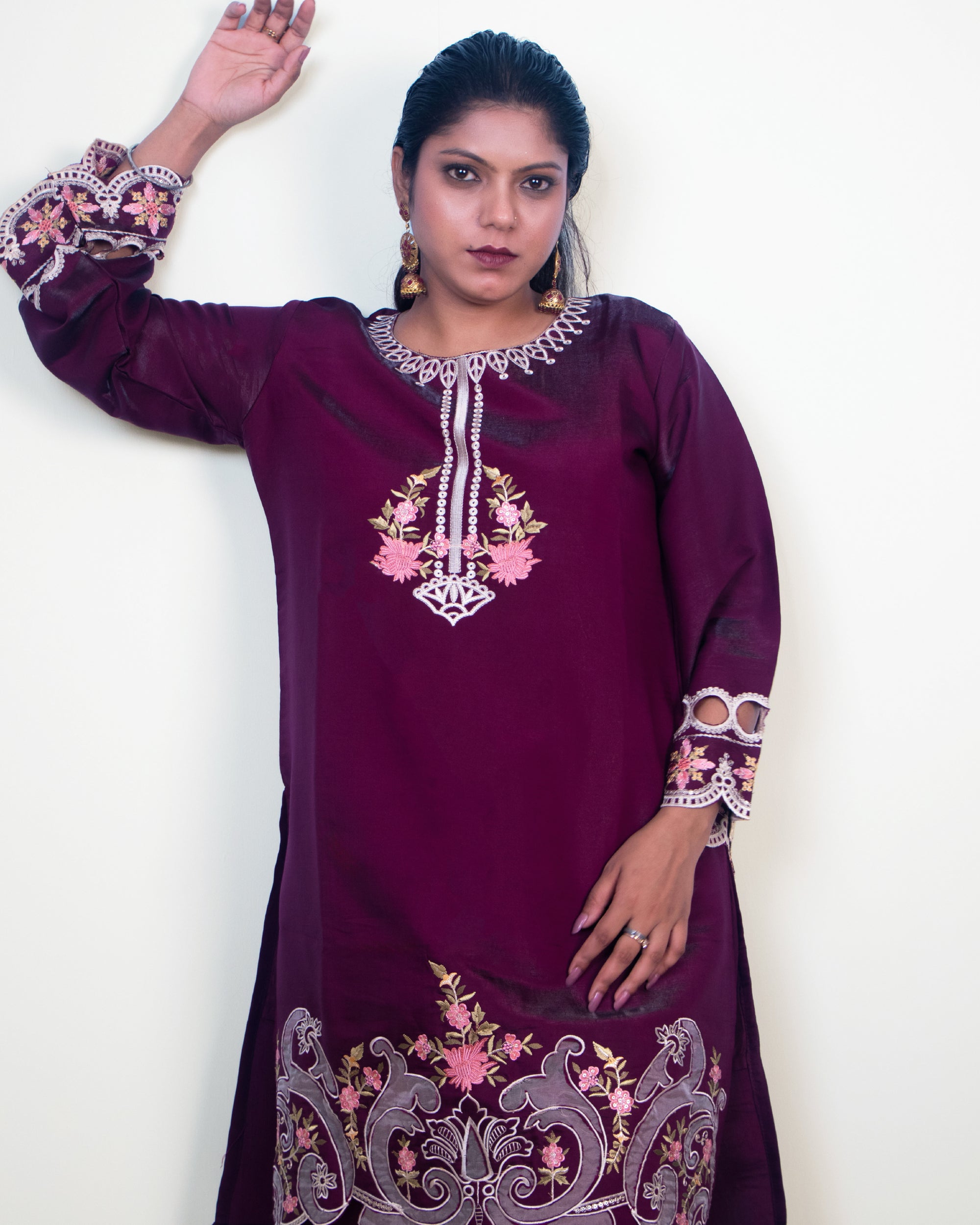 Aubergine Purple Embroidered 2-Piece Premium Co-ord Set