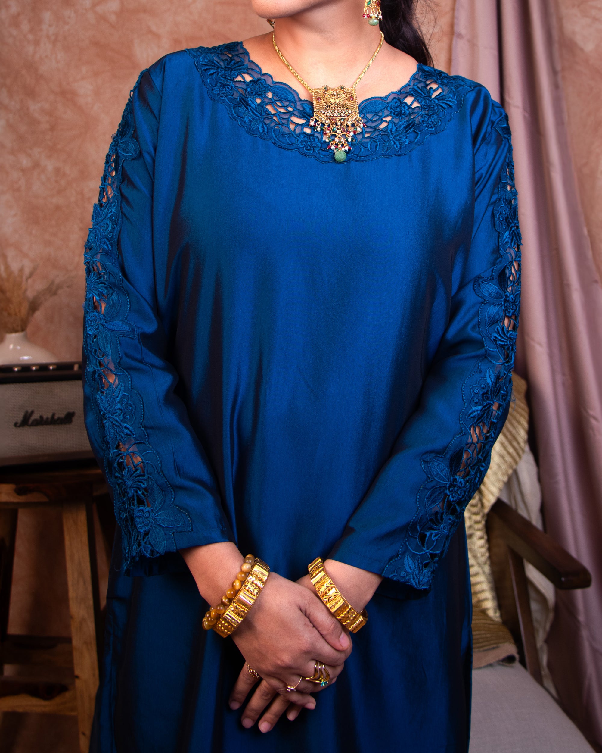 Deep Blue Silk Blend Suit with Elegant Cutwork – Tyohar Exclusive Collection