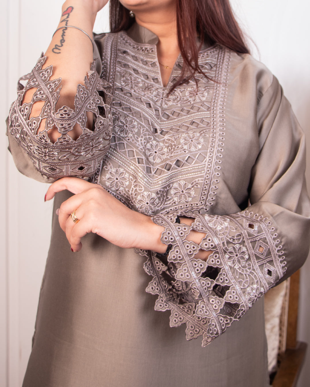 Bronze Taupe Mulberry Royal Silk  — 3-Pc Stitched Set