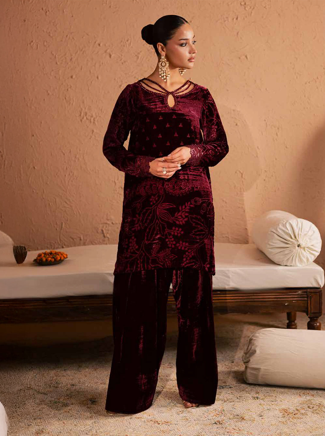 Mahroon Palachi Velvet 2-Piece Unstitched Suit Set