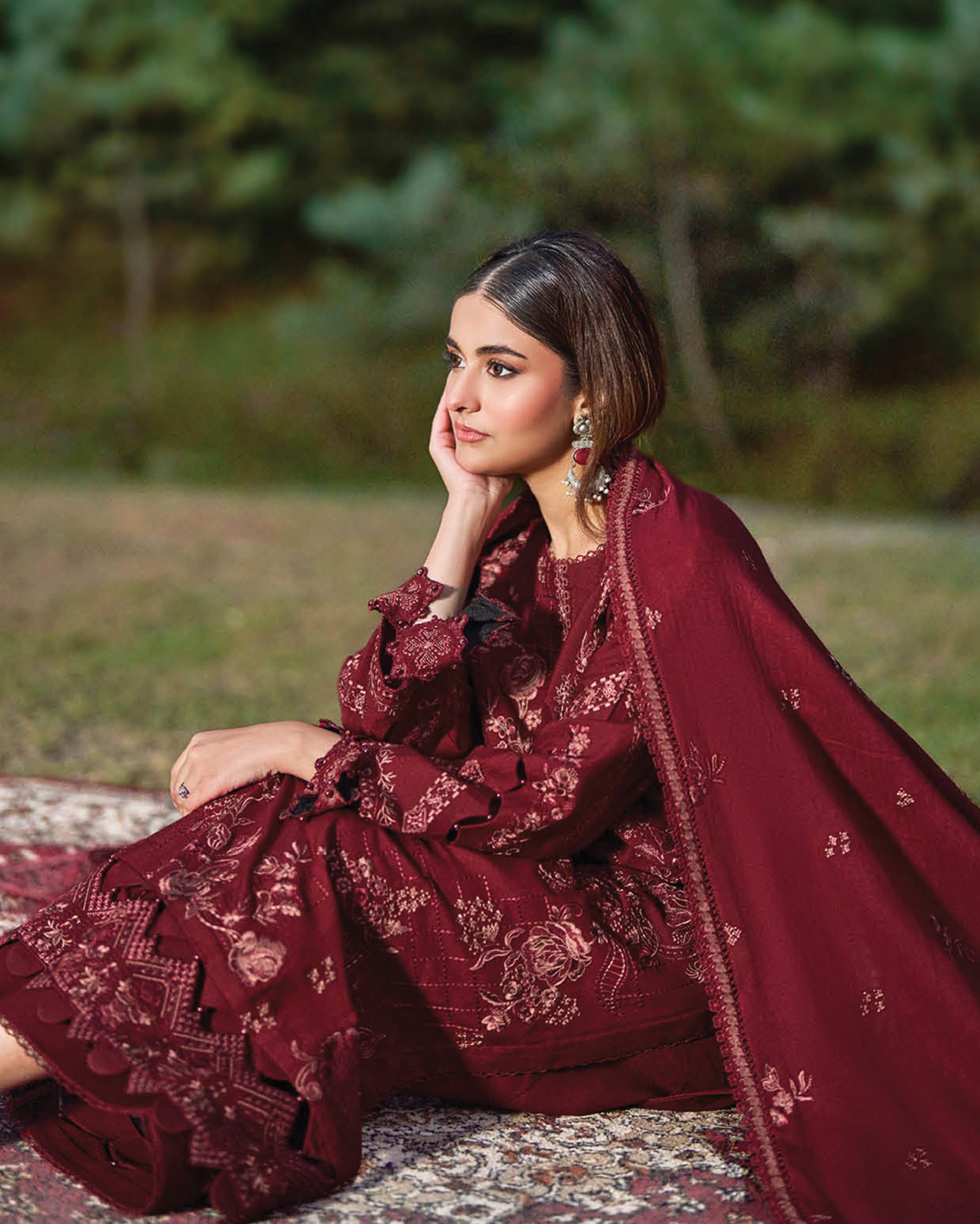 Maroon Embroidered Karandi 3-Piece Stitched Set-Winter Edit