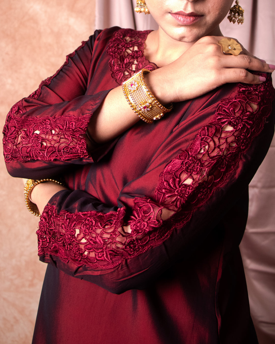 Deep Red Silk Blend Suit with Intricate Cutwork – Tyohar Exclusive Collection