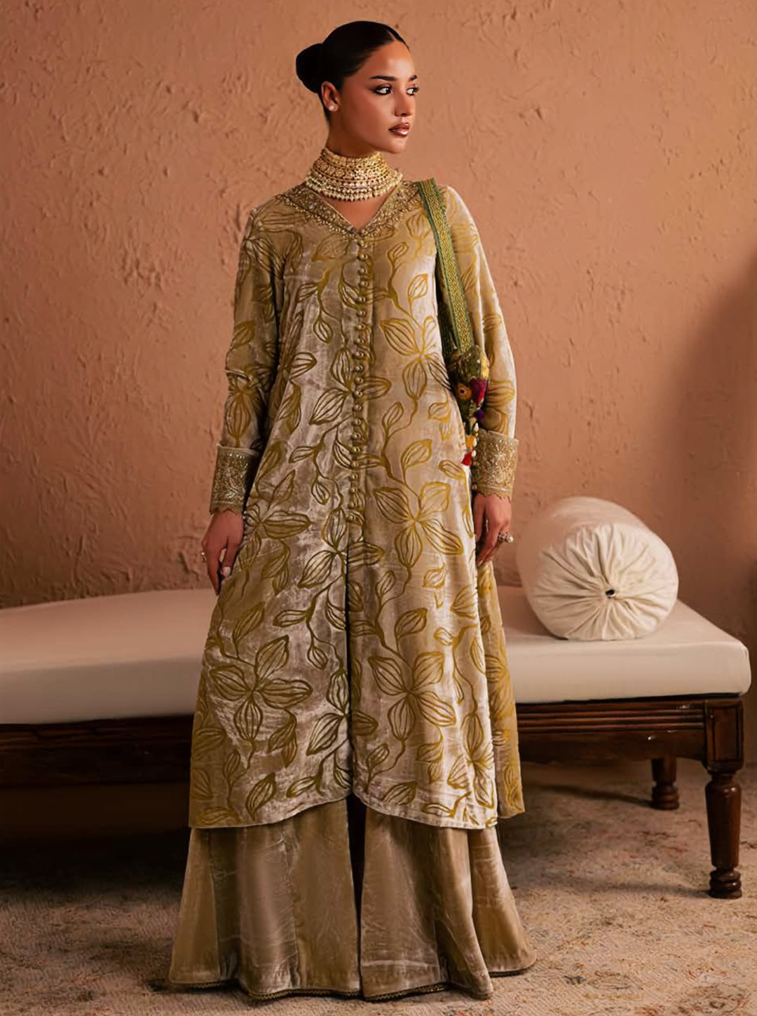 Mustard Gold Palachi Velvet 2-Piece Unstitched Suit Set