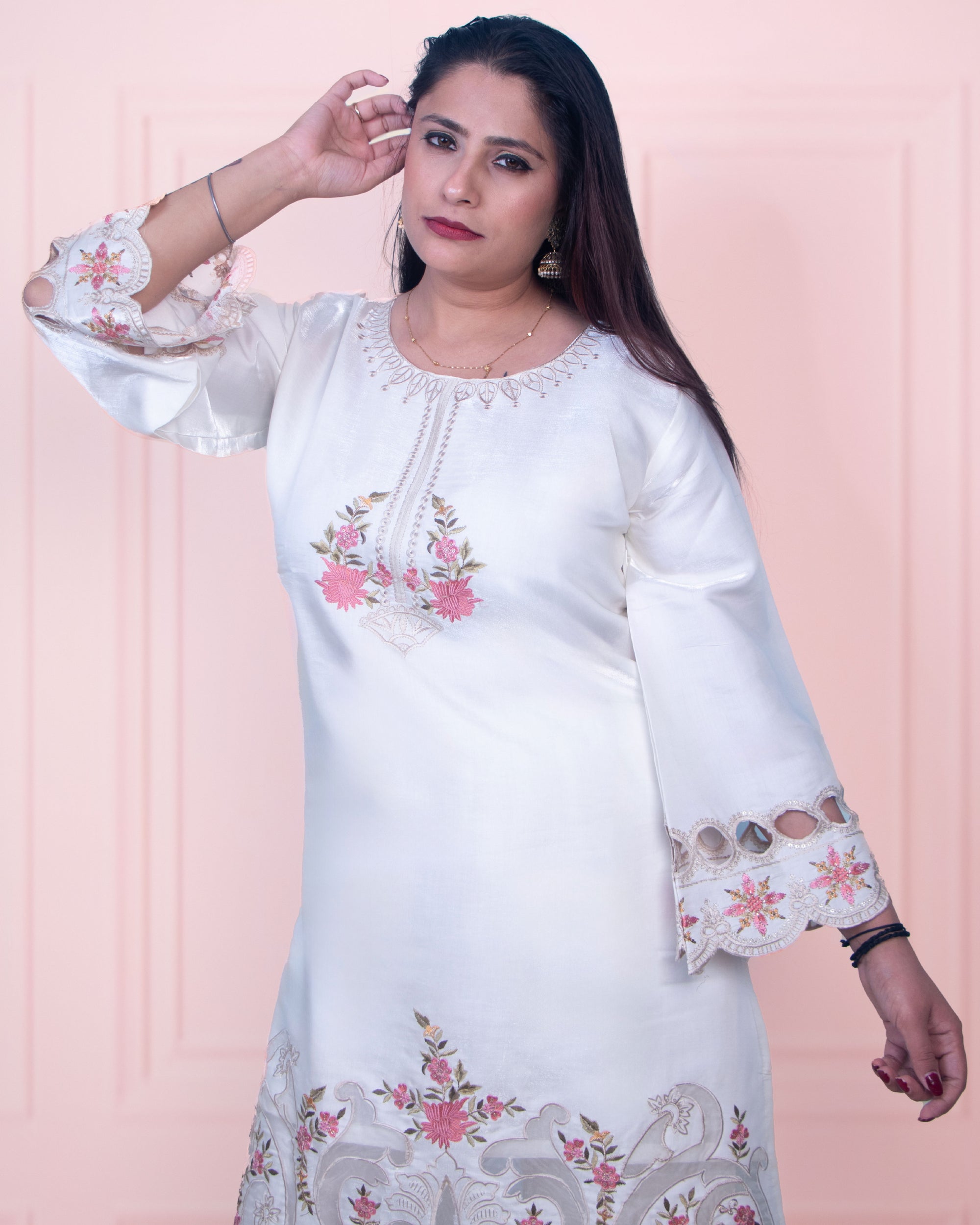 Classic White Pastel-Embroidered 2-Piece Premium Co-ord Set