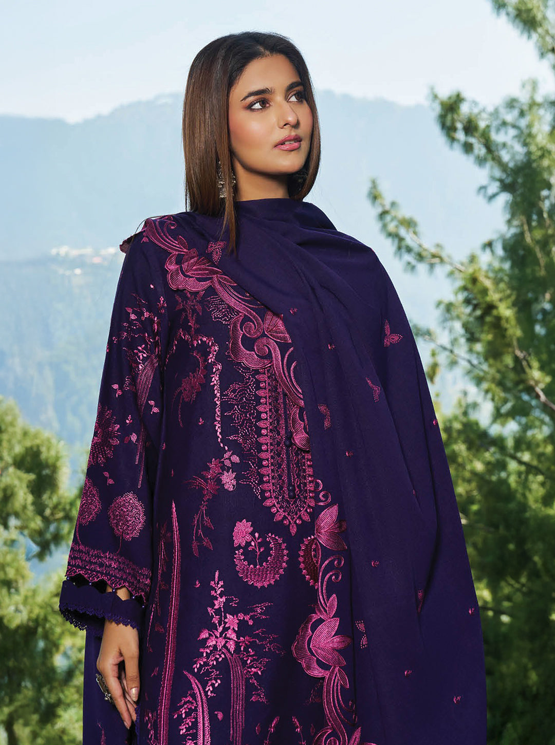 Ink Blue & Magenta Embroidered Karandi 3-Piece Unstitched Set – Winter Edit by Nooré
