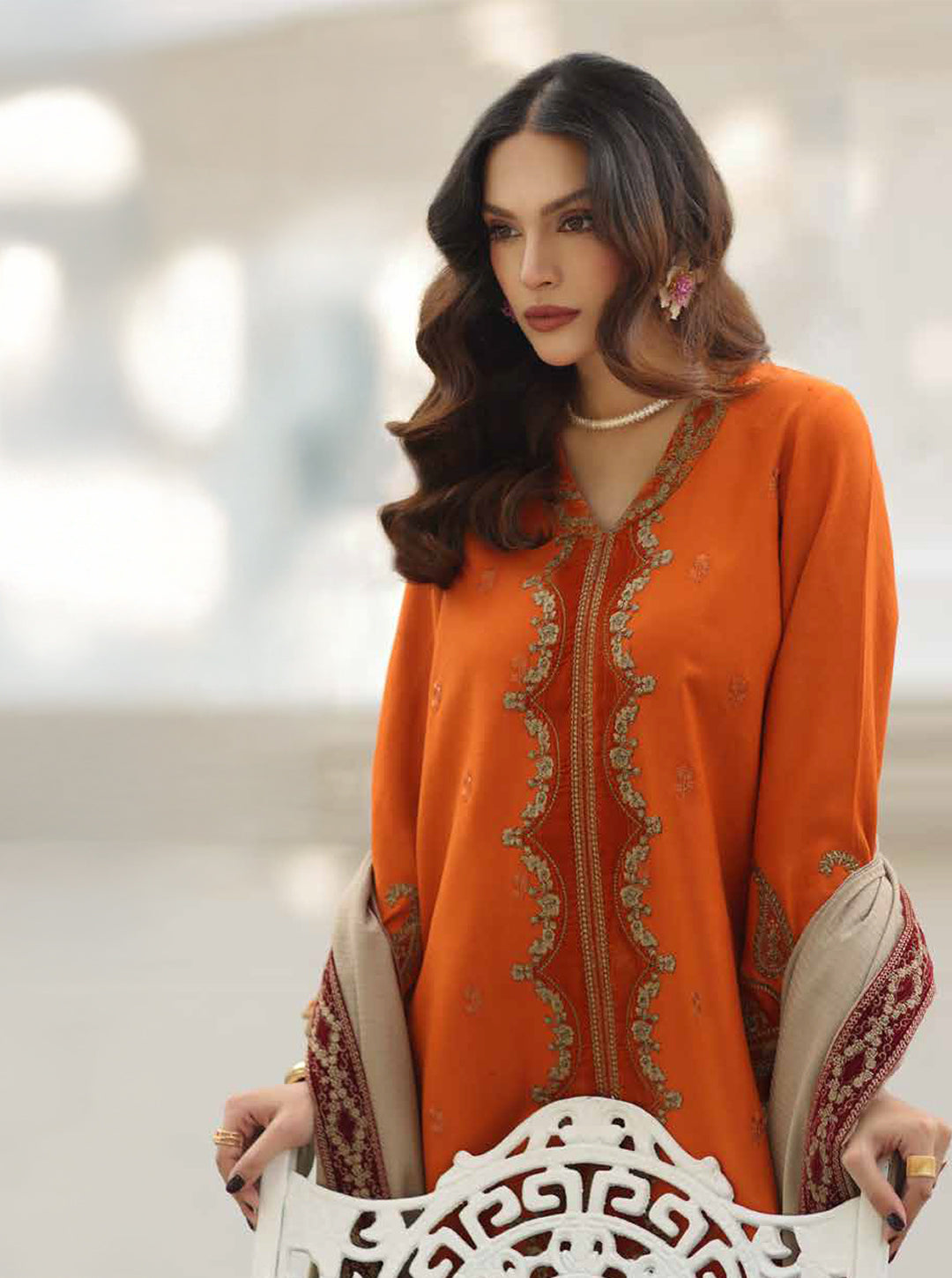 Burnt Orange Embroidered Peach leather x Velvet Set with Wool Shawl – 3 Piece Luxury Winter Edit