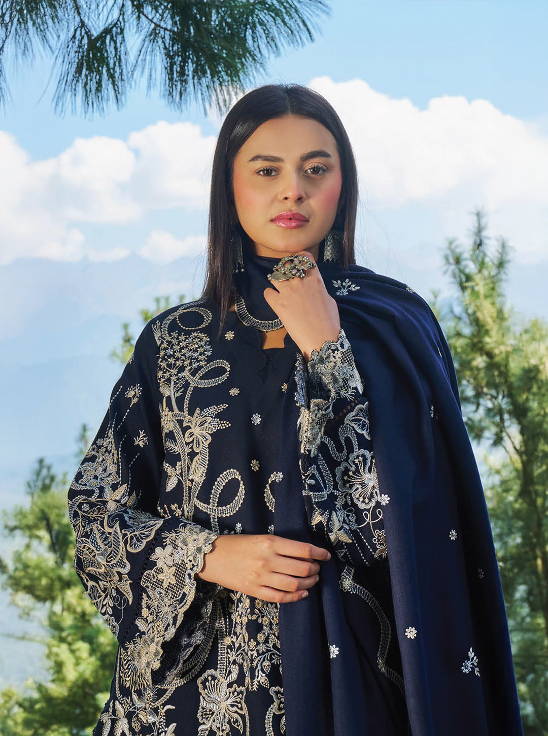 Navy Blue Canvas on Karandi Winter Fall Edition — 3 Piece Unstitched Set