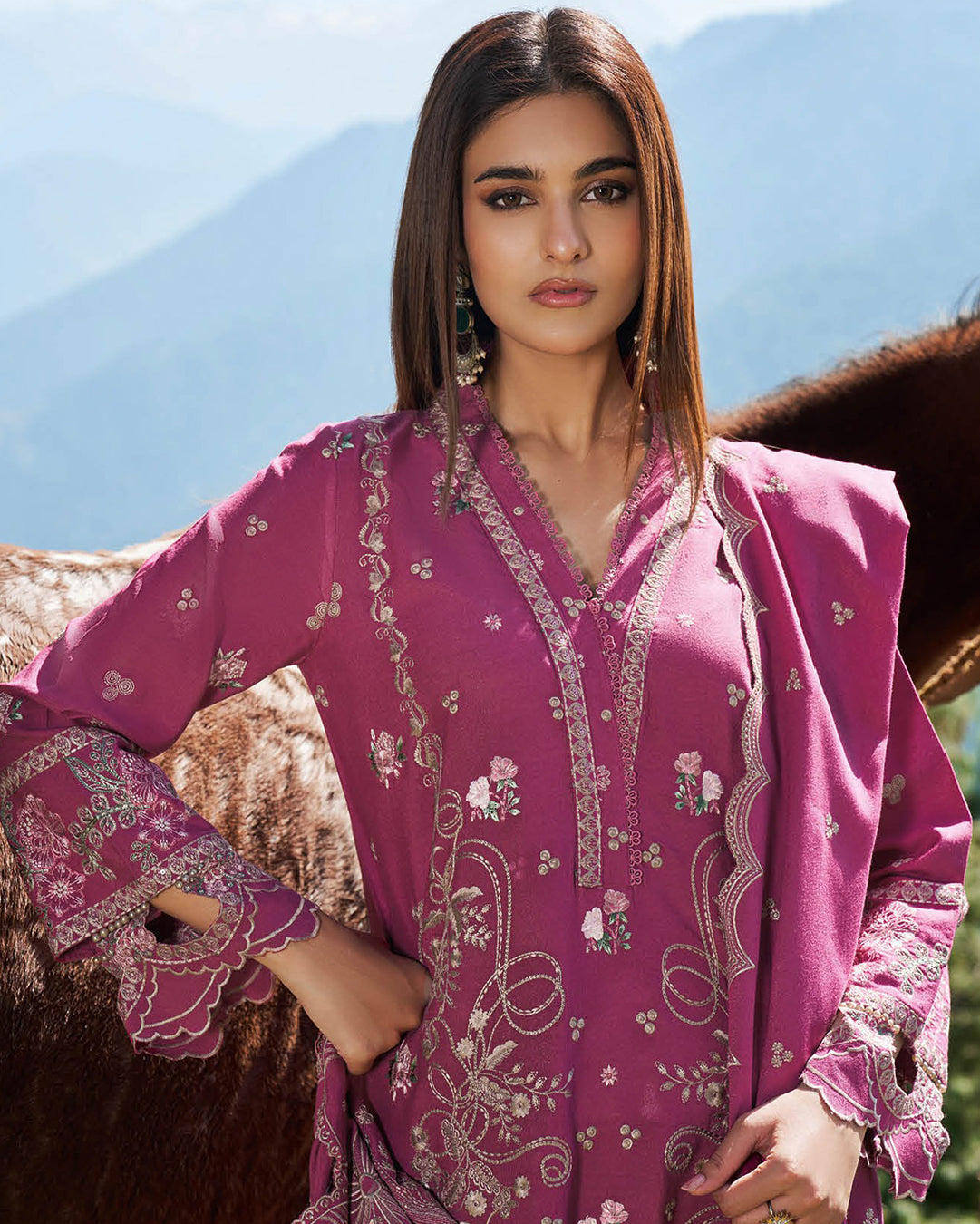 Blush Pink Embroidered Karandi 3-Piece Stitched Set – Winter Edit by Nooré