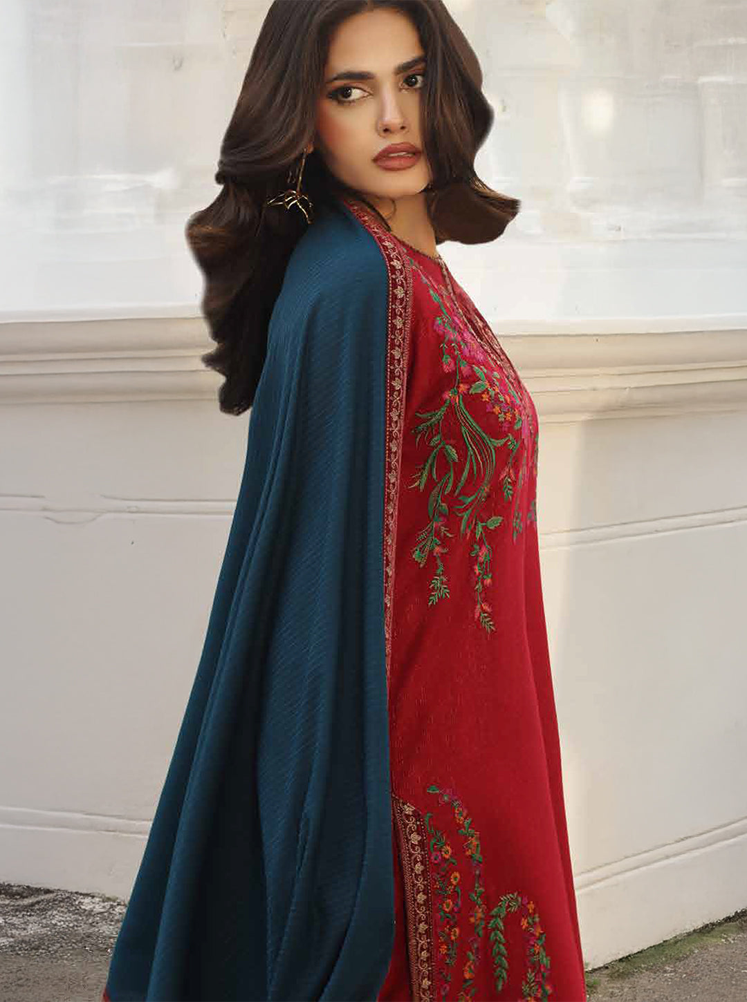 Rich Red Embroidered Peach Leather Velvet x Wool Shawl - 3Pc Stitched Set