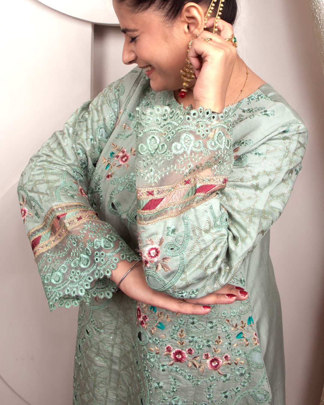 Green Metallic Pastel, embroidery and cutwork- 3pc Silk Set