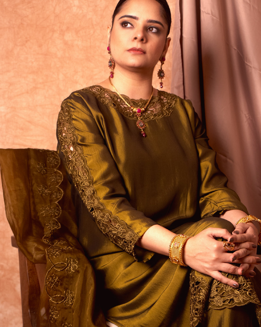 Fine Green Silk Blend Suit with Intricate Cutwork – Tyohar Exclusive Collection