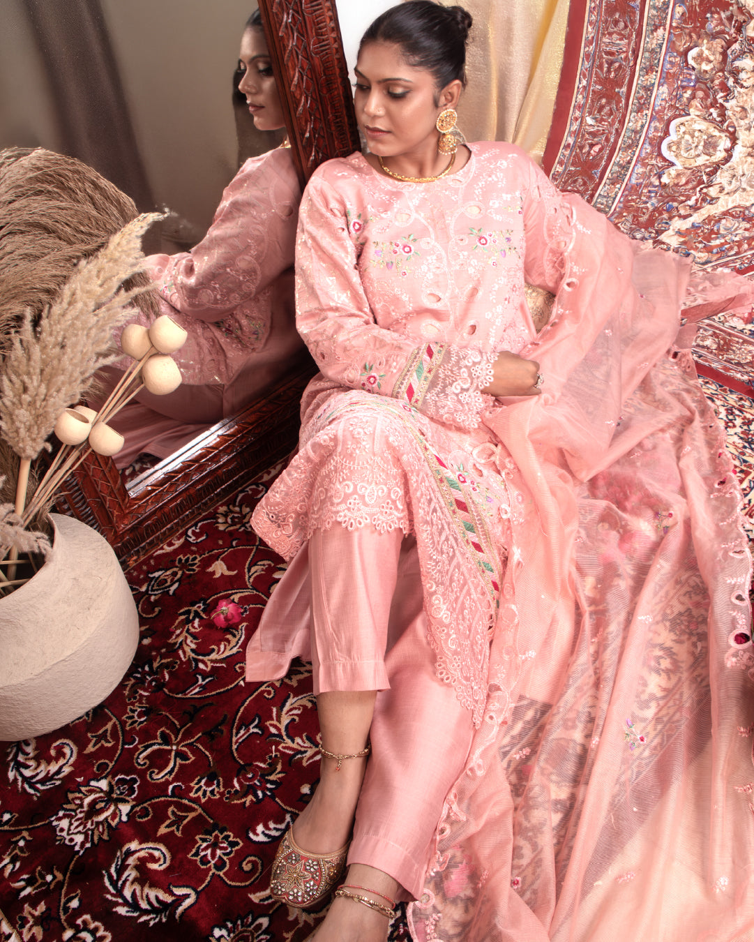 Metallic Light Pink Embroidered 3-Piece Suit with Dupatta – Festive & Party Wear