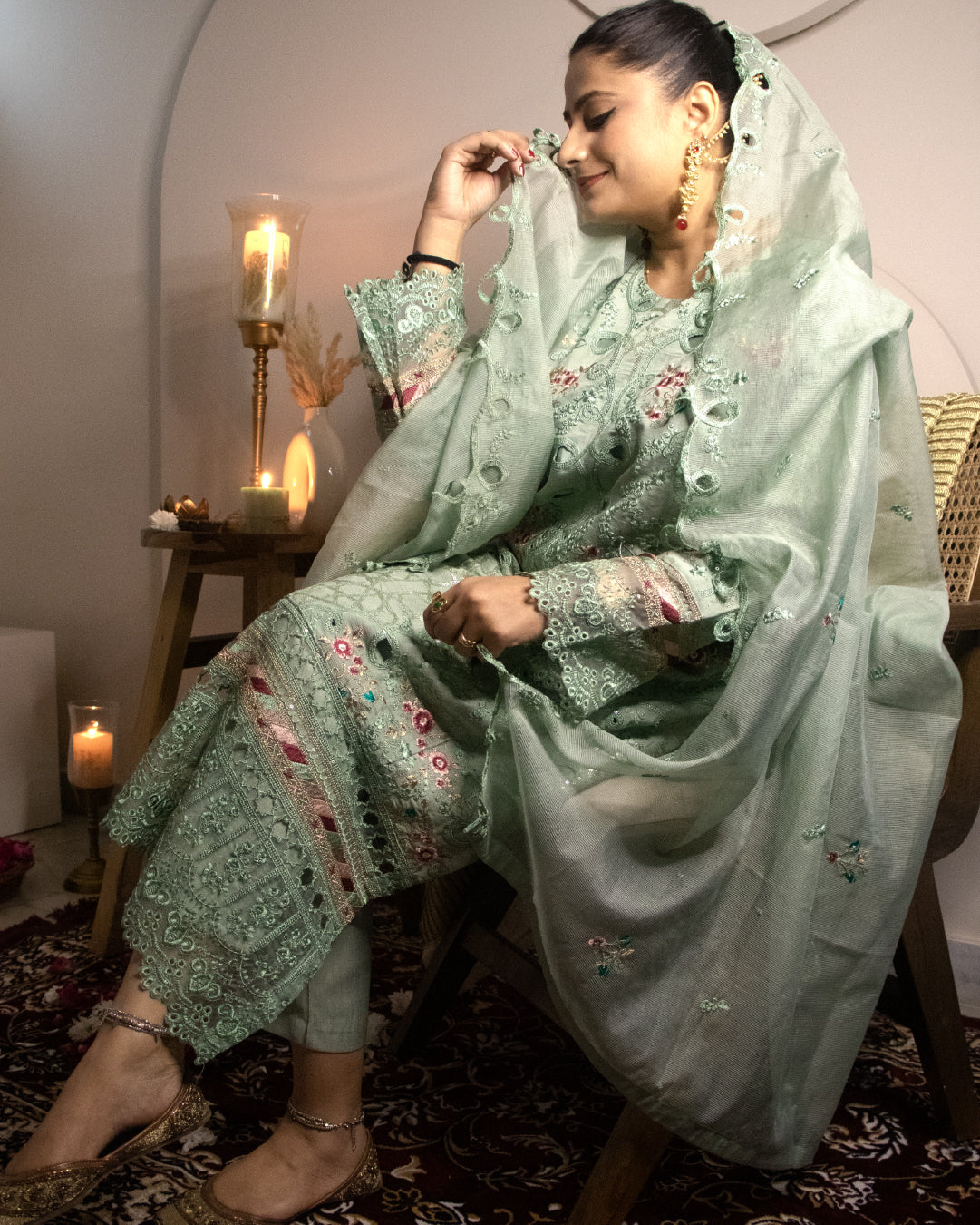 Green Metallic Pastel, embroidery and cutwork- 3pc Silk Set