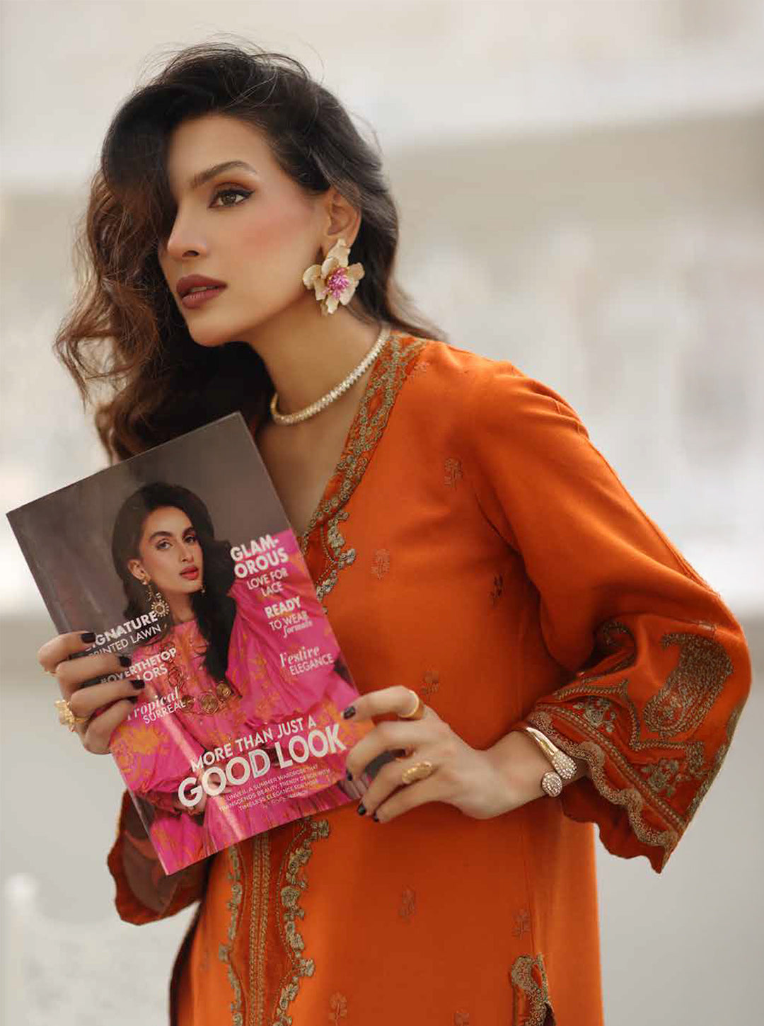 Burnt Orange Embroidered Peach leather x Velvet Set with Wool Shawl – 3 Piece Luxury Winter Edit