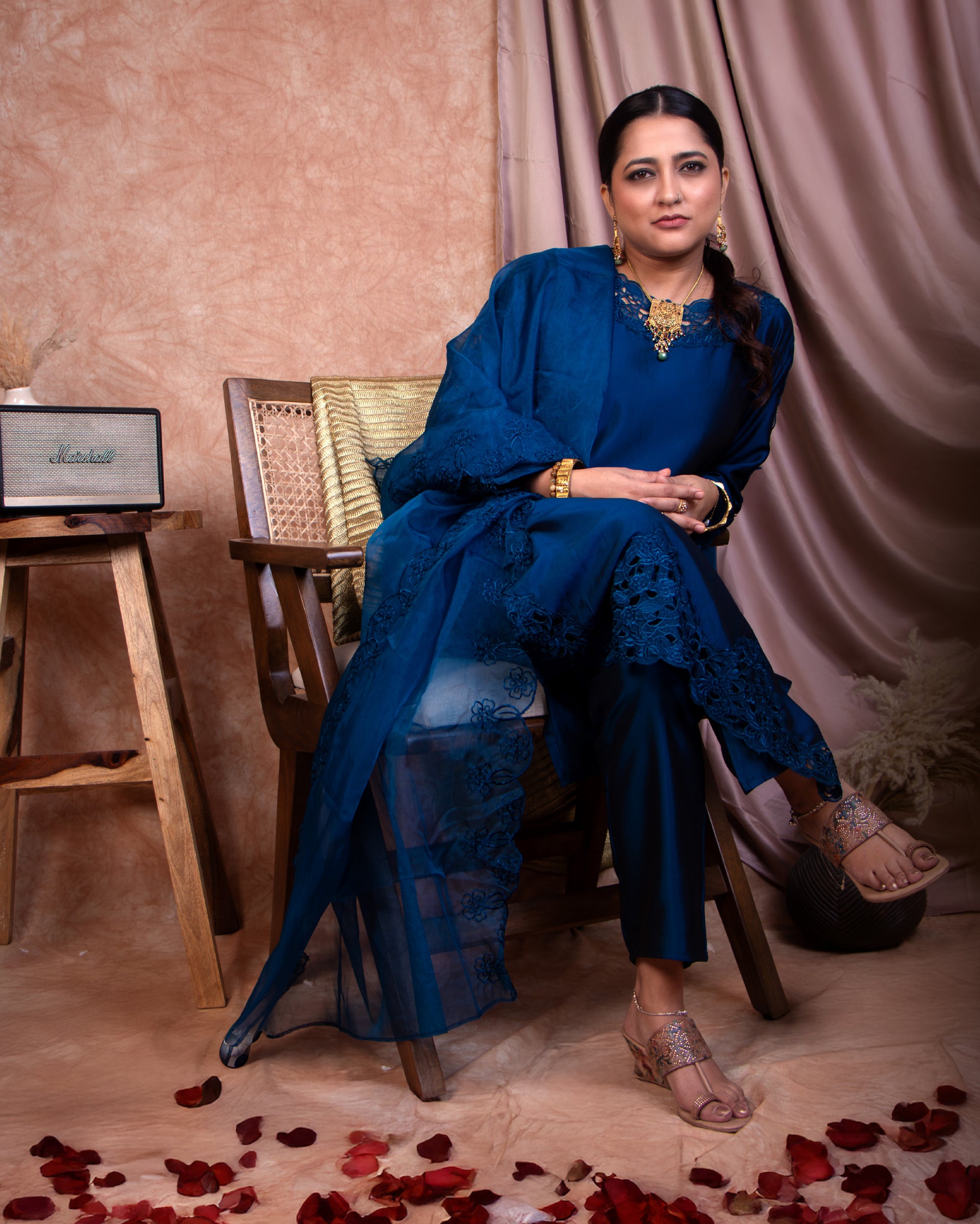 Deep Blue Silk Blend Suit with Elegant Cutwork – Tyohar Exclusive Collection