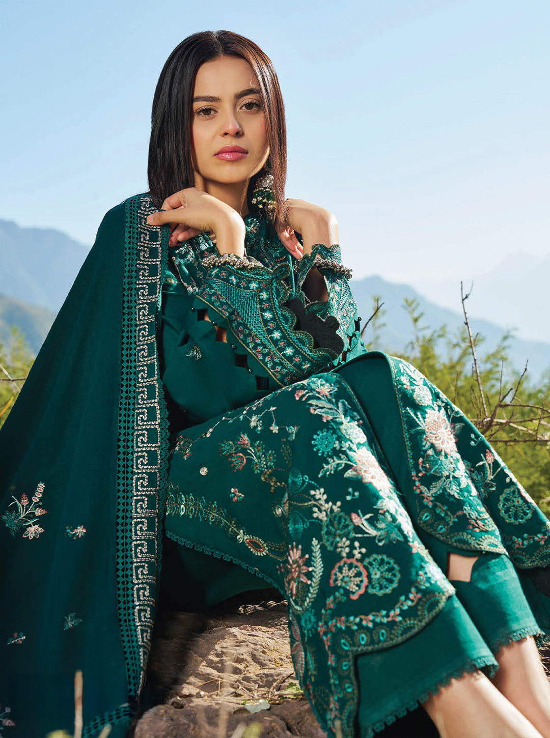 Emerald Ode to Embroidered Karandi 3-Piece Unstitched Set – Winter Edit by Nooré