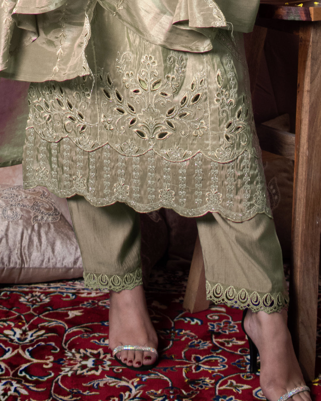 Sage Serenity – Pure Silk 3 Piece Embroidered Suit with Cutwork Detailing