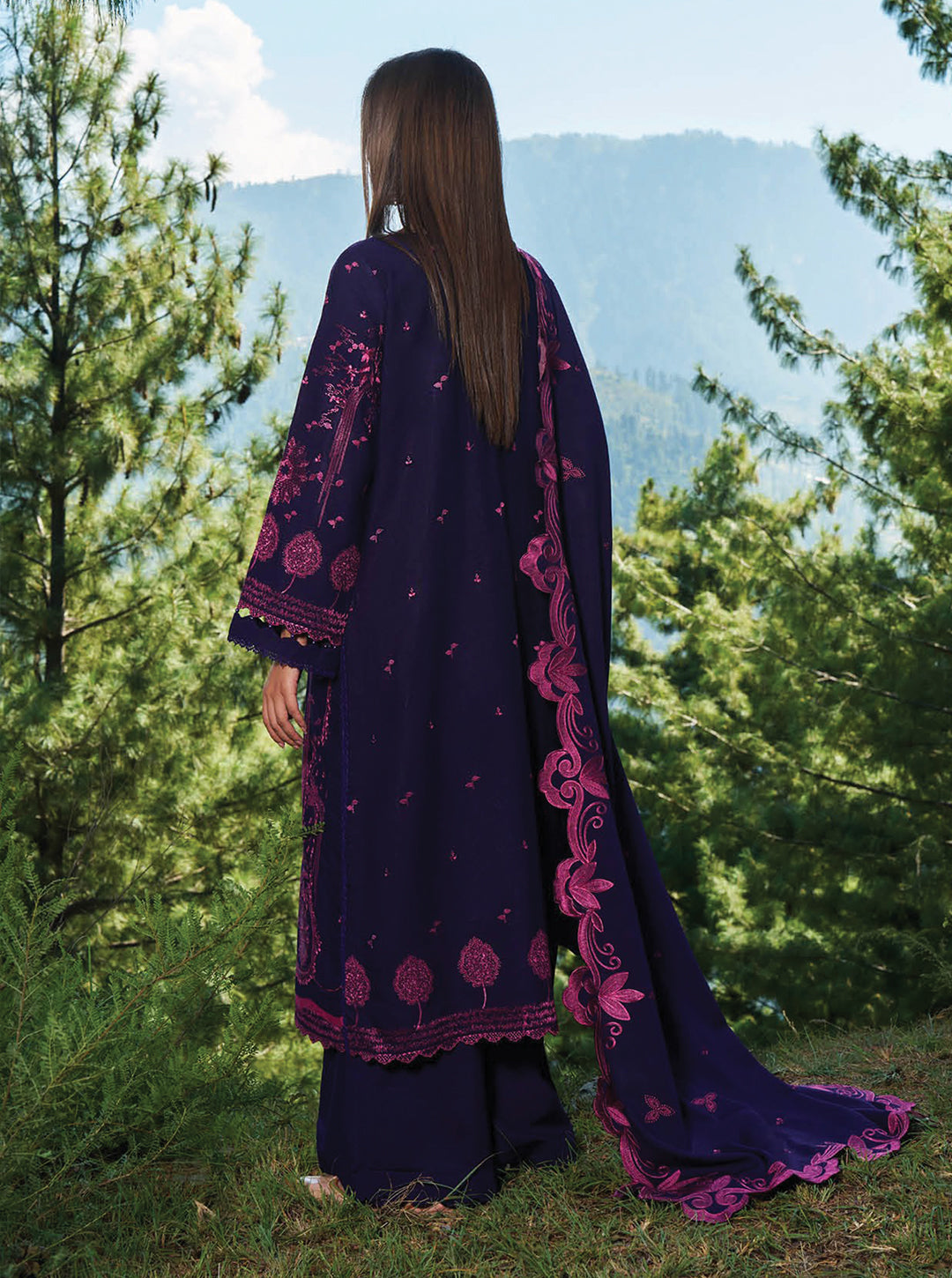 Ink Blue & Magenta Embroidered Karandi 3-Piece Unstitched Set – Winter Edit by Nooré