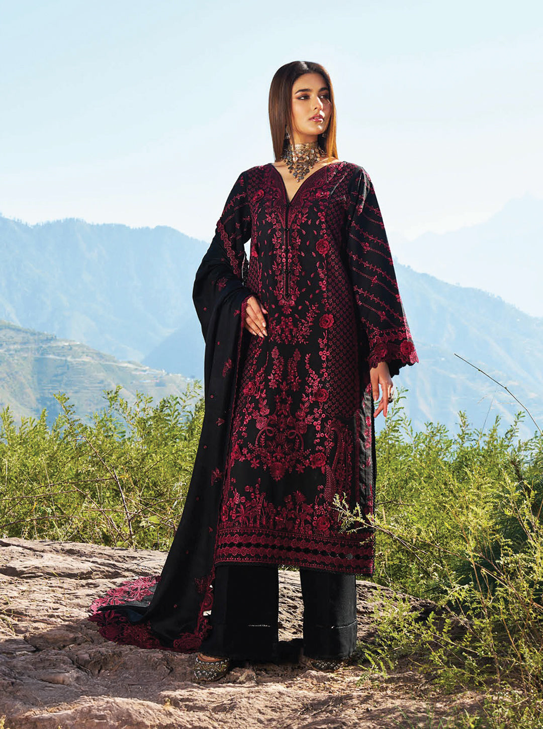 Black & Rich Red Embroidered Karandi 3-Piece Stitched Set — Winter Edit by Nooré